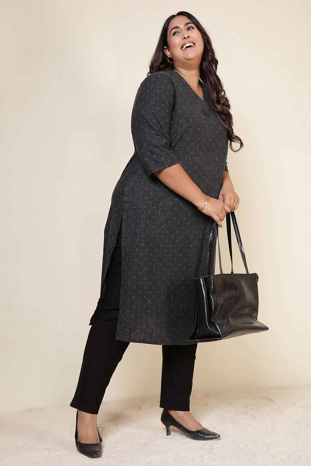 Plus Size Charcoal Grey V Neck SnugWeave™ Winter Kurta