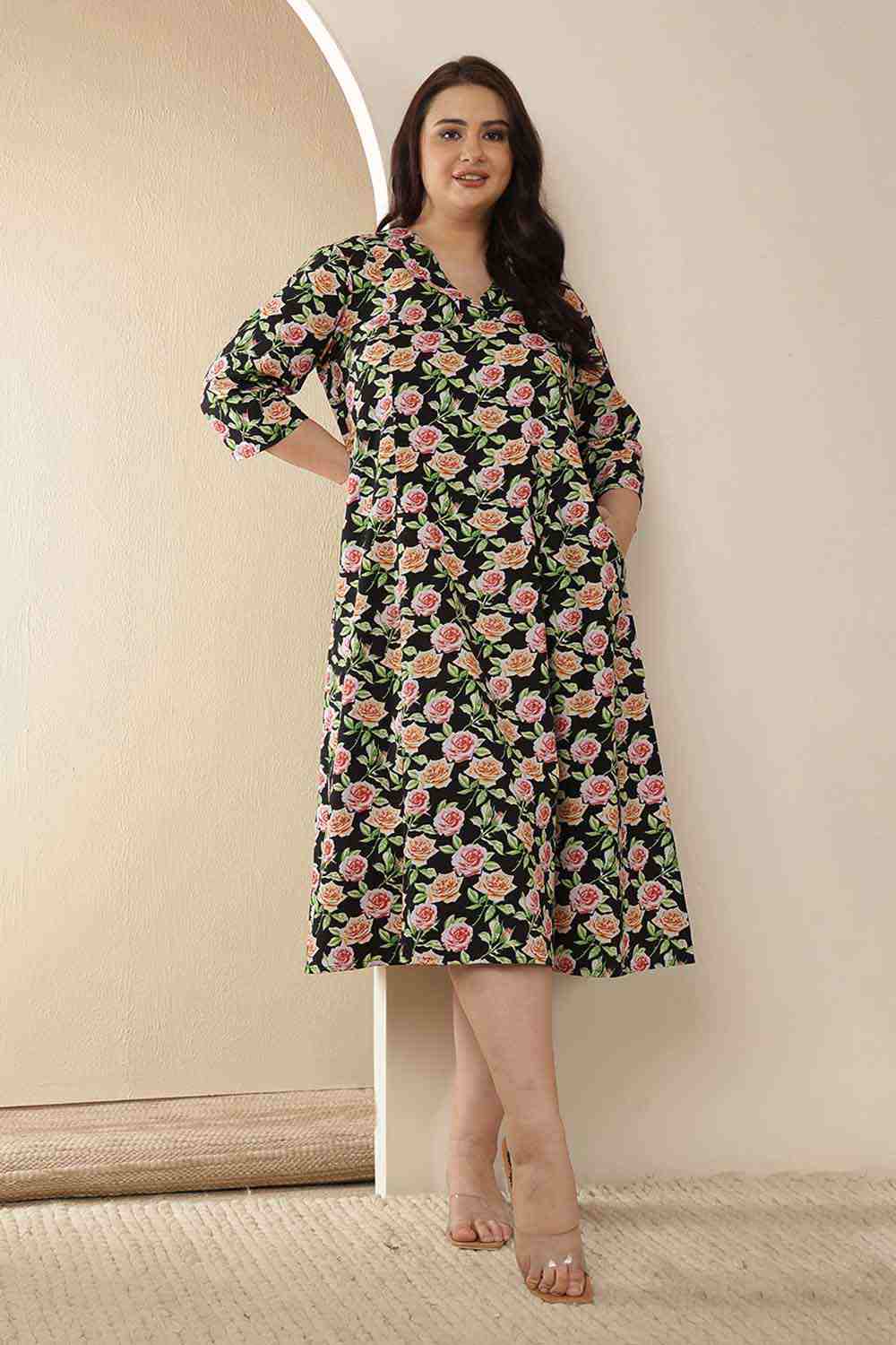 Plus Size Black Floral Cotton Midi Dress