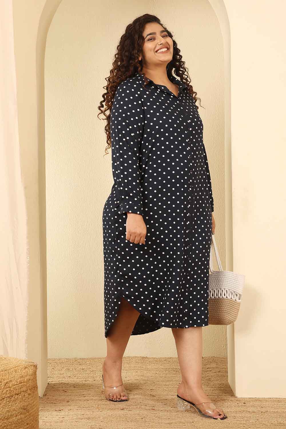 Plus Size Navy Blue Polka Dot Cotton Shirt Dress Plus Size Navy Blue Polka Dot Cotton Shirt Dress