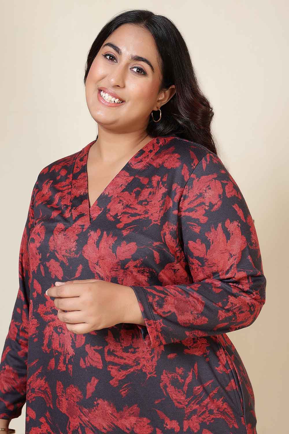 Plus Size Red Floral V Neck SnugWeave™ Winter Kurta