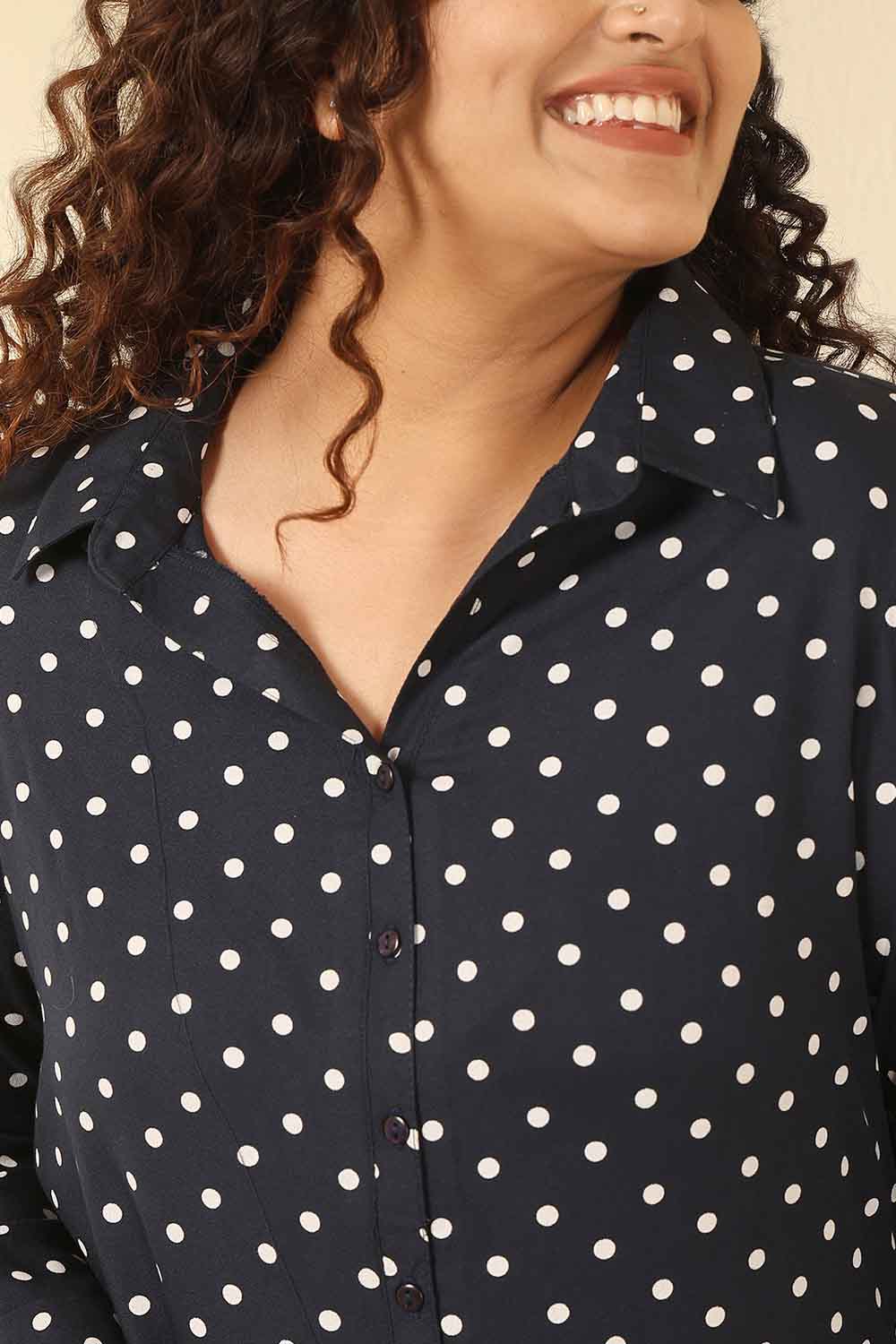 Comfortable Plus Size Navy Blue Polka Dot Cotton Shirt Dress