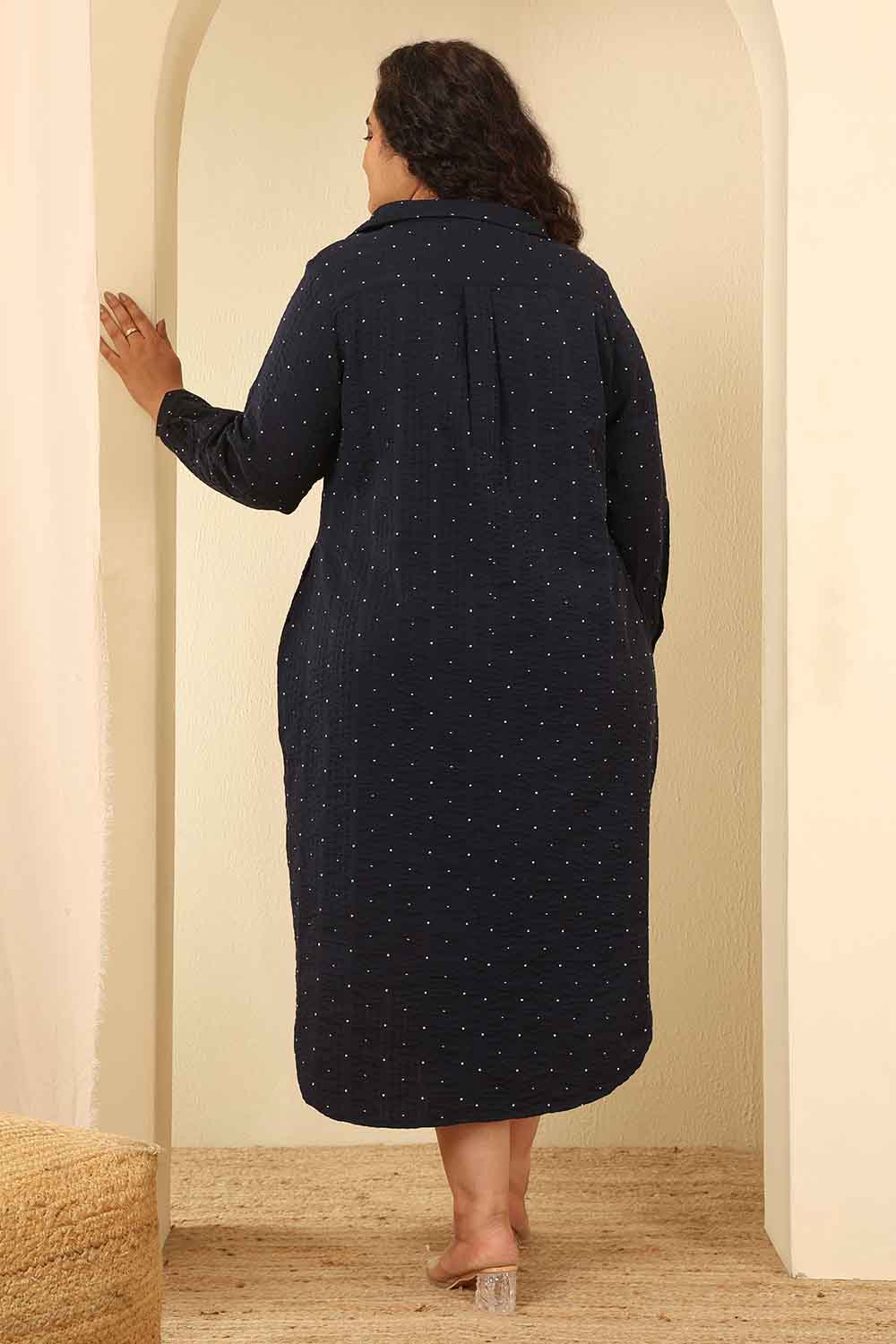 Plus Size Navy Blue Dobby Weave Cotton Shirt Dress
