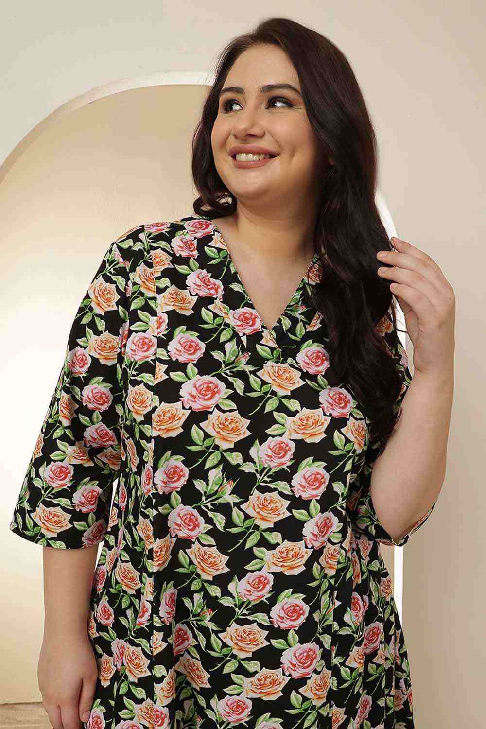 Plus Size Black Floral Cotton Midi Dress