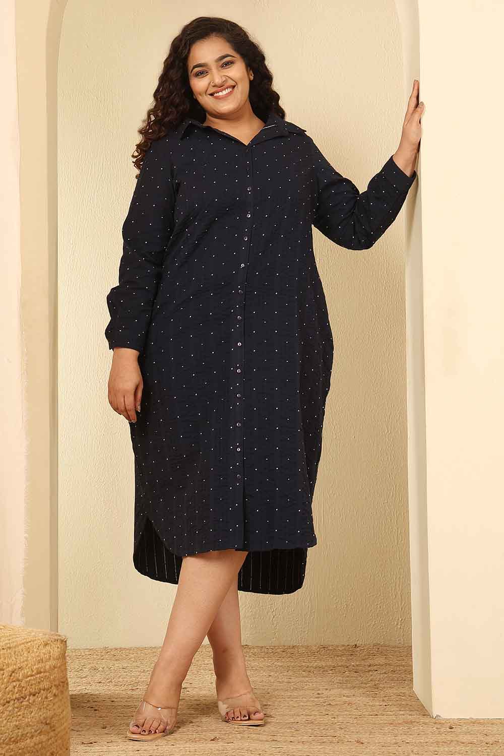 Plus Size Navy Blue Dobby Weave Cotton Shirt Dress