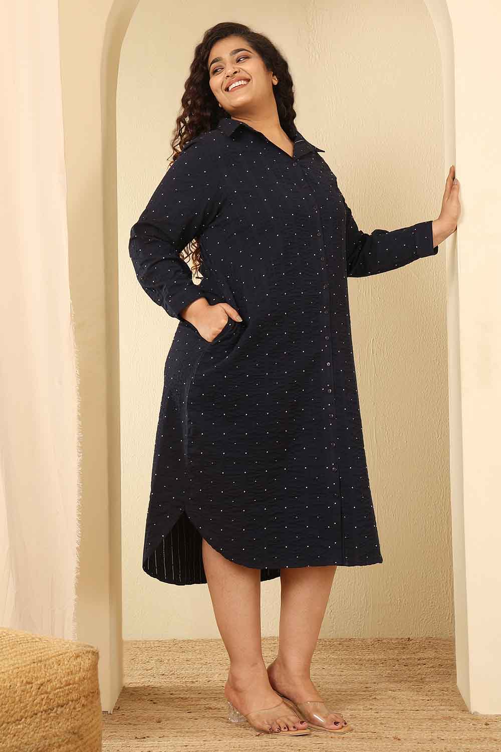 Comfortable Plus Size Navy Blue Dobby Weave Cotton Shirt Dress