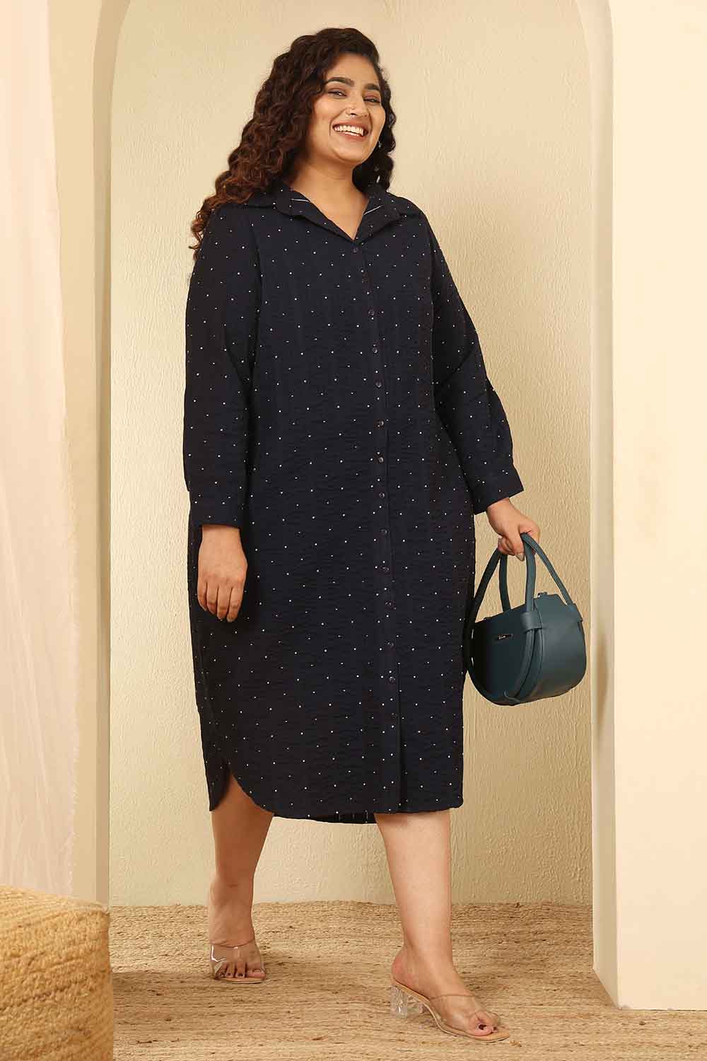 Plus Size Plus Size Navy Blue Dobby Weave Cotton Shirt Dress