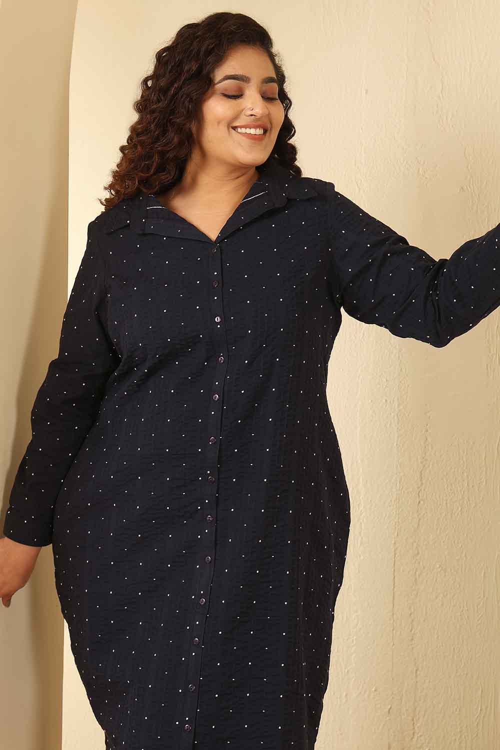 Plus Size Navy Blue Dobby Weave Cotton Shirt Dress