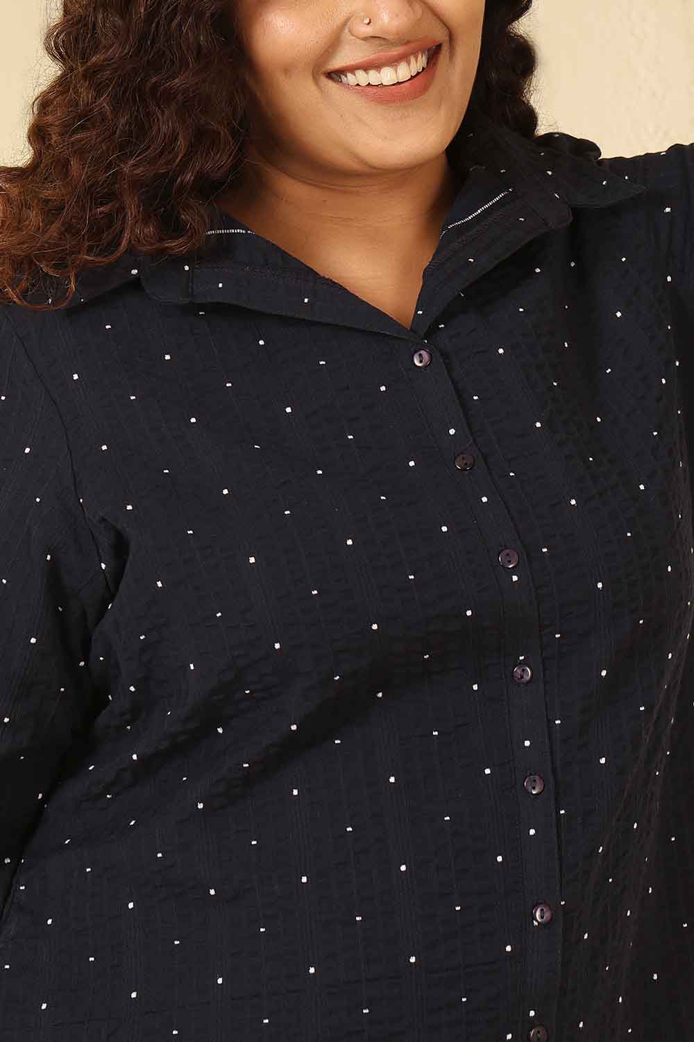Plus Size Navy Blue Dobby Weave Cotton Shirt Dress