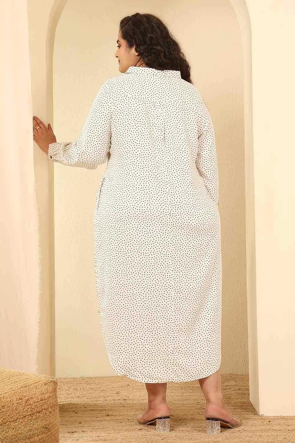 Plus Size Ivory Polka Print Cotton Shirt Dress