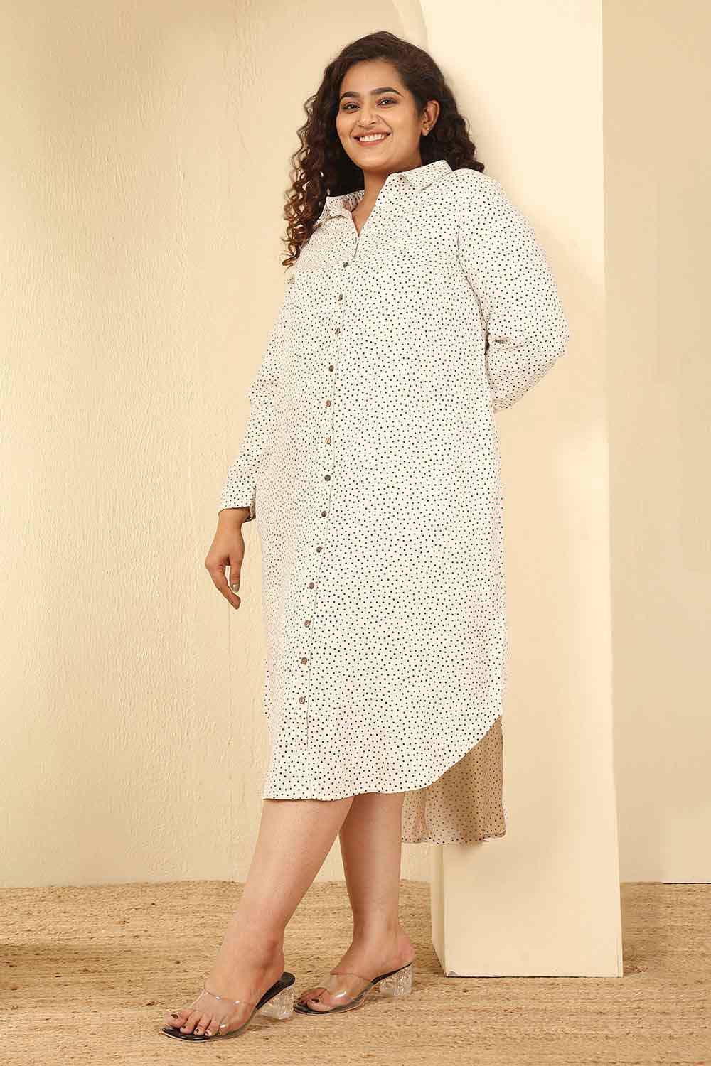 Plus Size Ivory Polka Print Cotton Shirt Dress