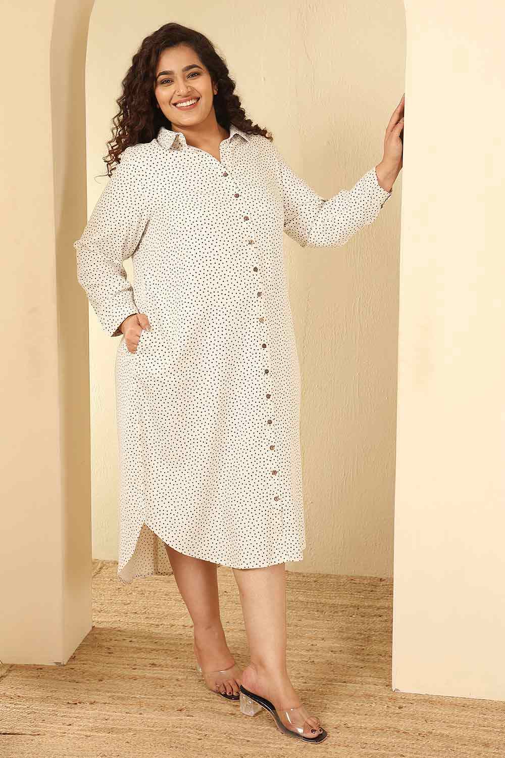 Plus Size Ivory Polka Print Cotton Shirt Dress for Women
