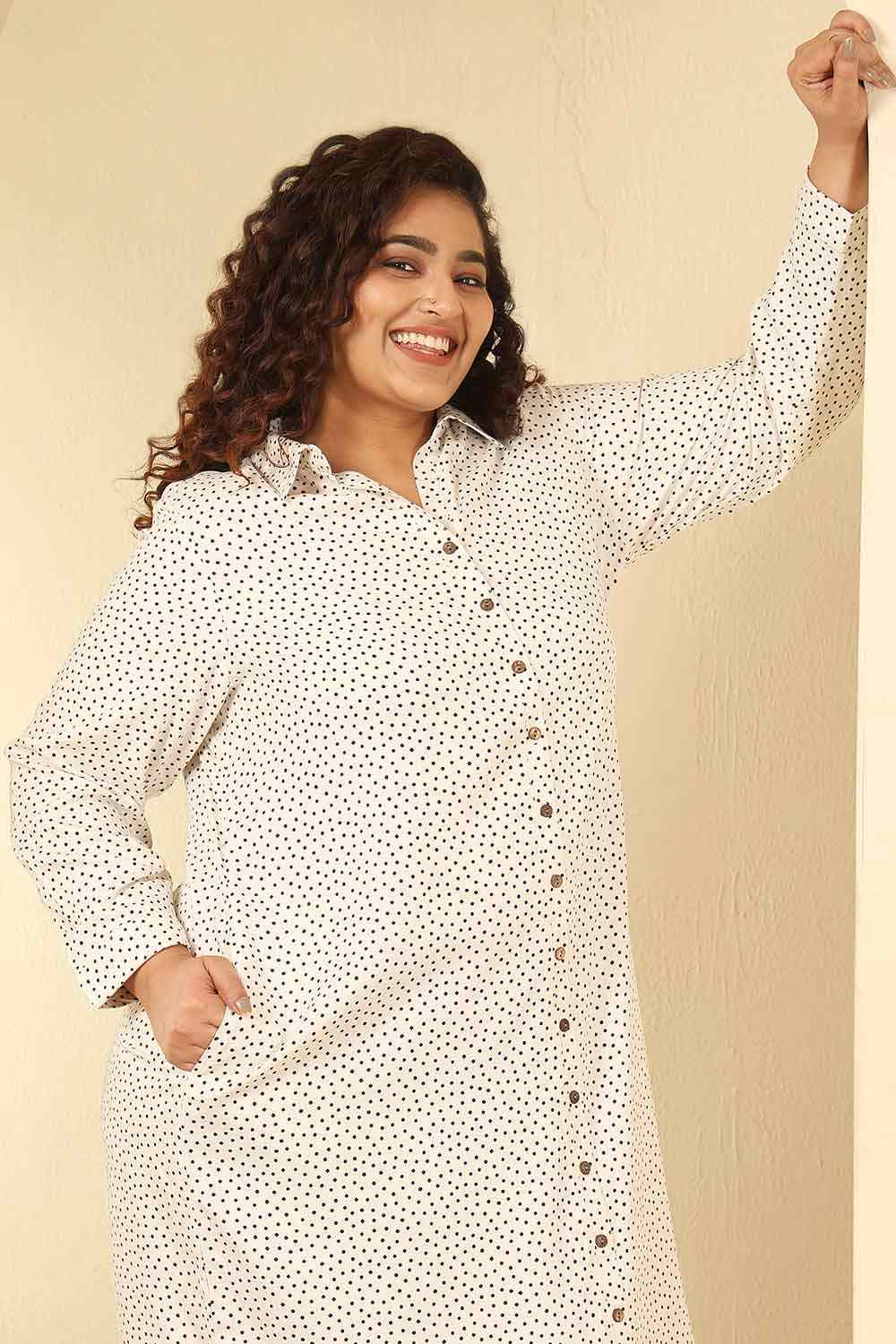 Comfortable Plus Size Ivory Polka Print Cotton Shirt Dress