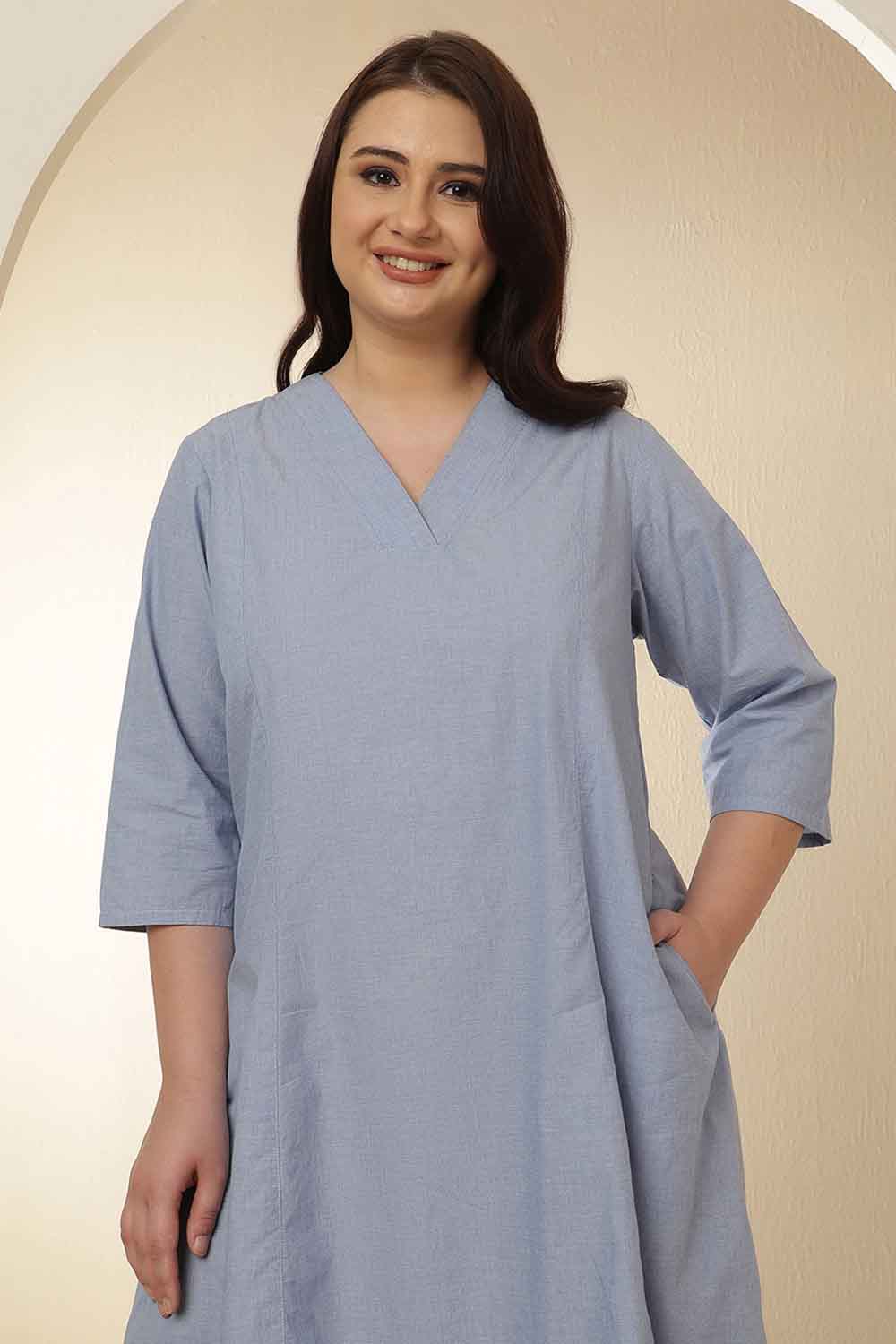 Plus Size Light Blue Cotton Midi Dress