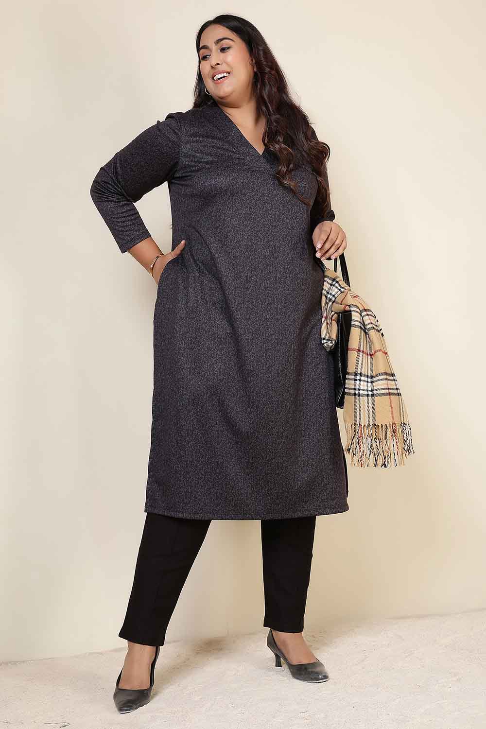 Plus Size Charcoal Grey V Neck SnugWeave™ Winter Kurta