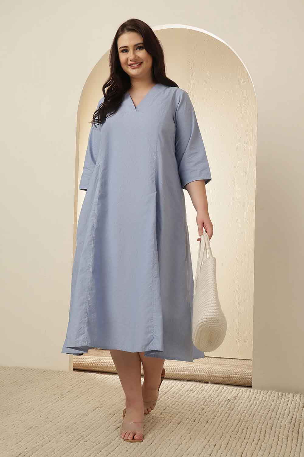 Plus Size Light Blue Cotton Midi Dress