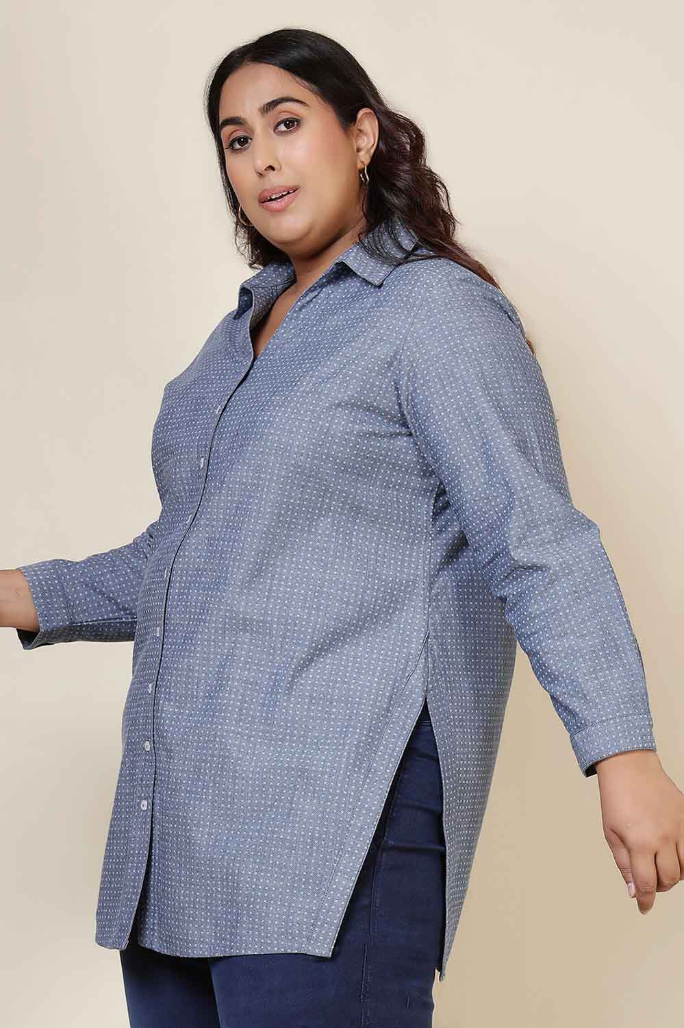 Plus Size Mid Blue Cross Weave Denim Cotton Shirt