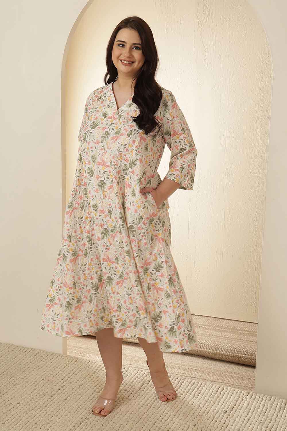 Plus Size Floral Print Cotton Midi Dress