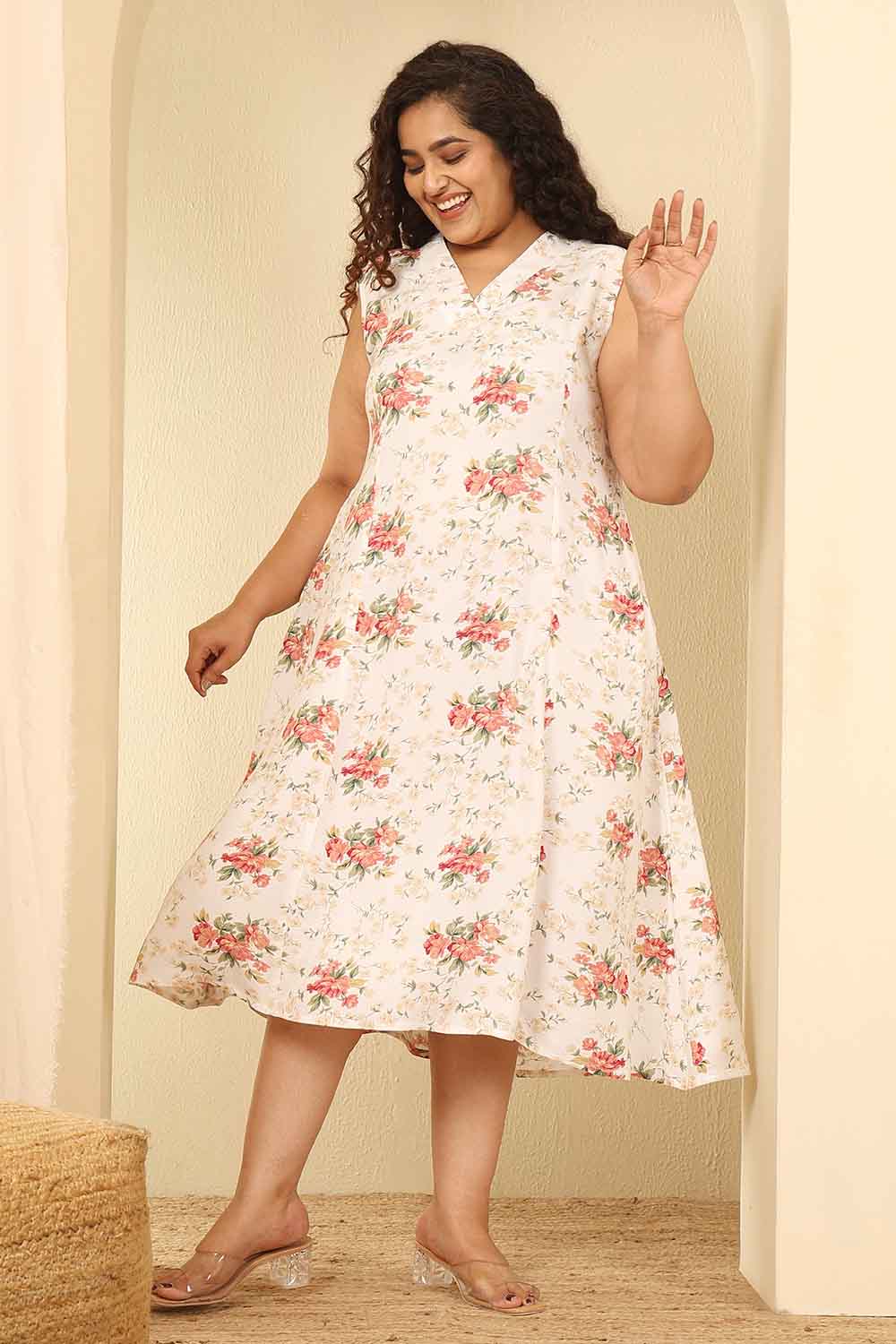 Plus Size White Floral Print Sleeveless Cotton Midi Dress