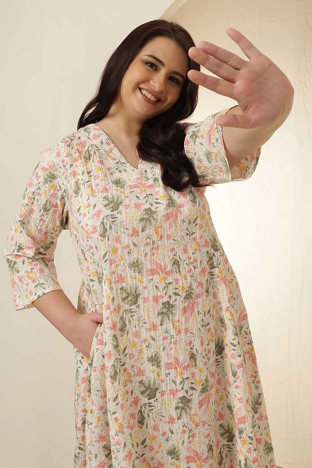 Plus Size Floral Print Cotton Midi Dress