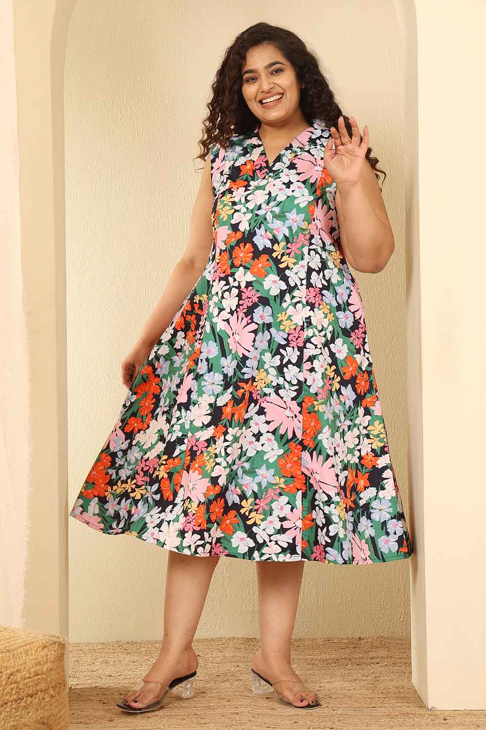 Plus Size Multicolor Floral Print Sleeveless Cotton Midi Dress