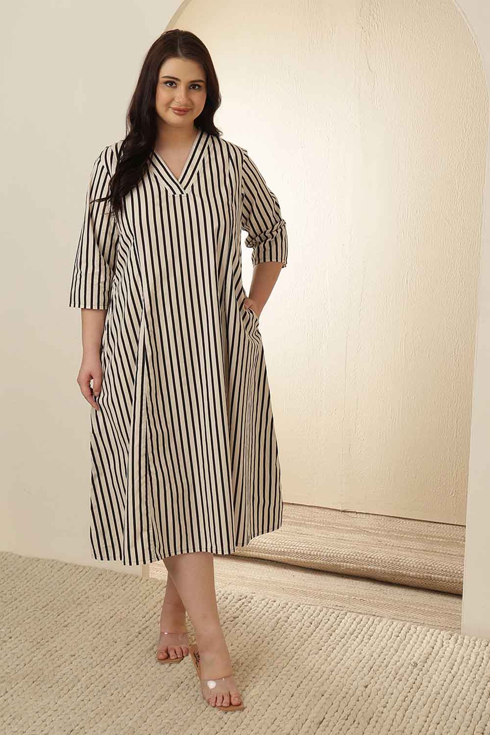 Plus Size Black & White Striped Cotton Midi Dress