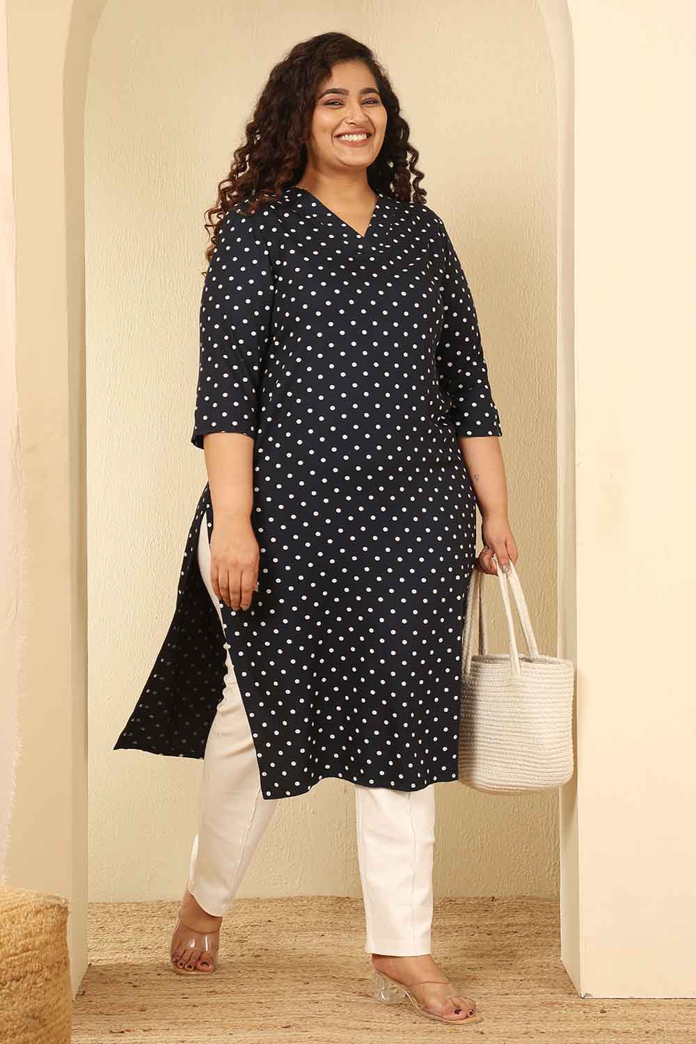 Plus Size Navy Blue Polka Dot Cotton V Neck Kurta