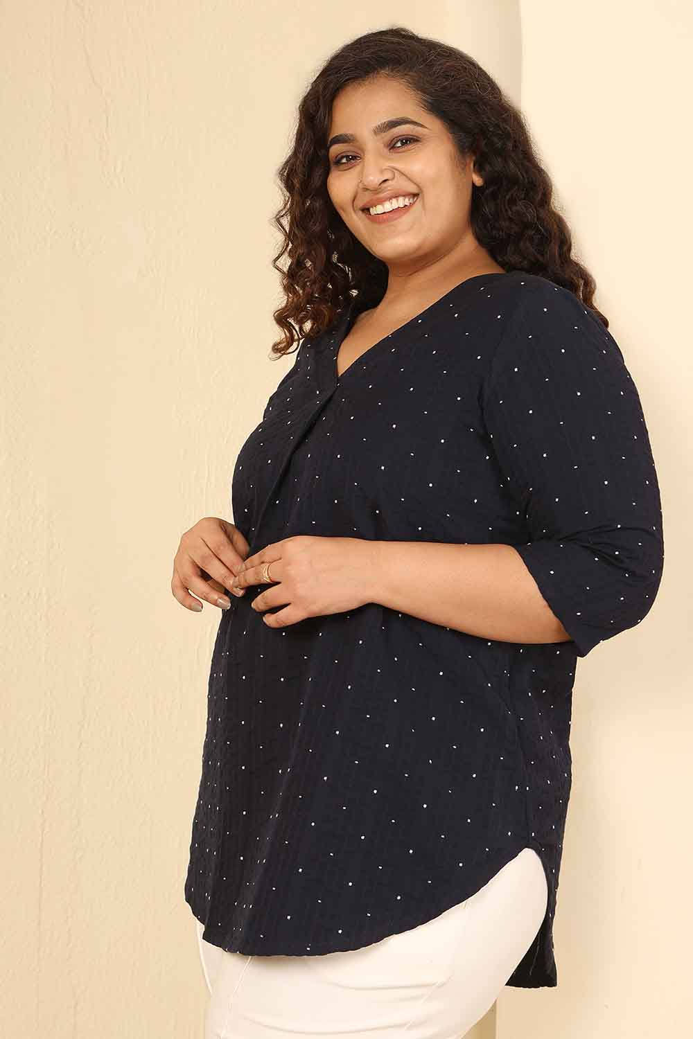 Plus Size Navy Blue Dobby Weave Cotton V Neck Top