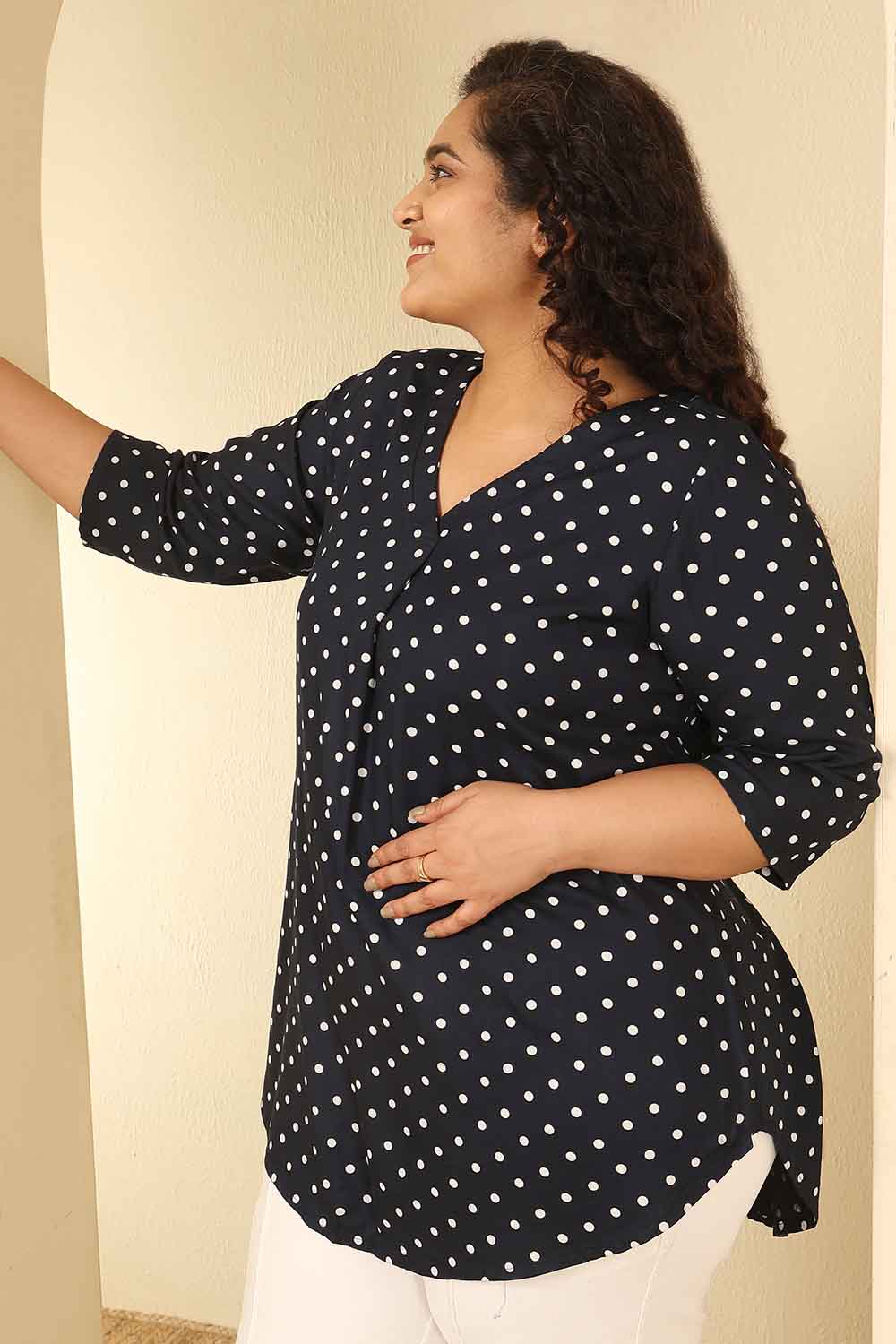Plus Size Navy Blue Polka Dot Cotton V Neck Top for Women