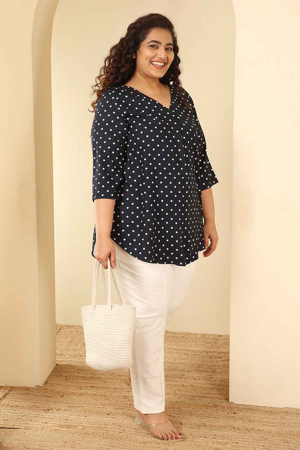 Plus Size Plus Size Navy Blue Polka Dot Cotton V Neck Top