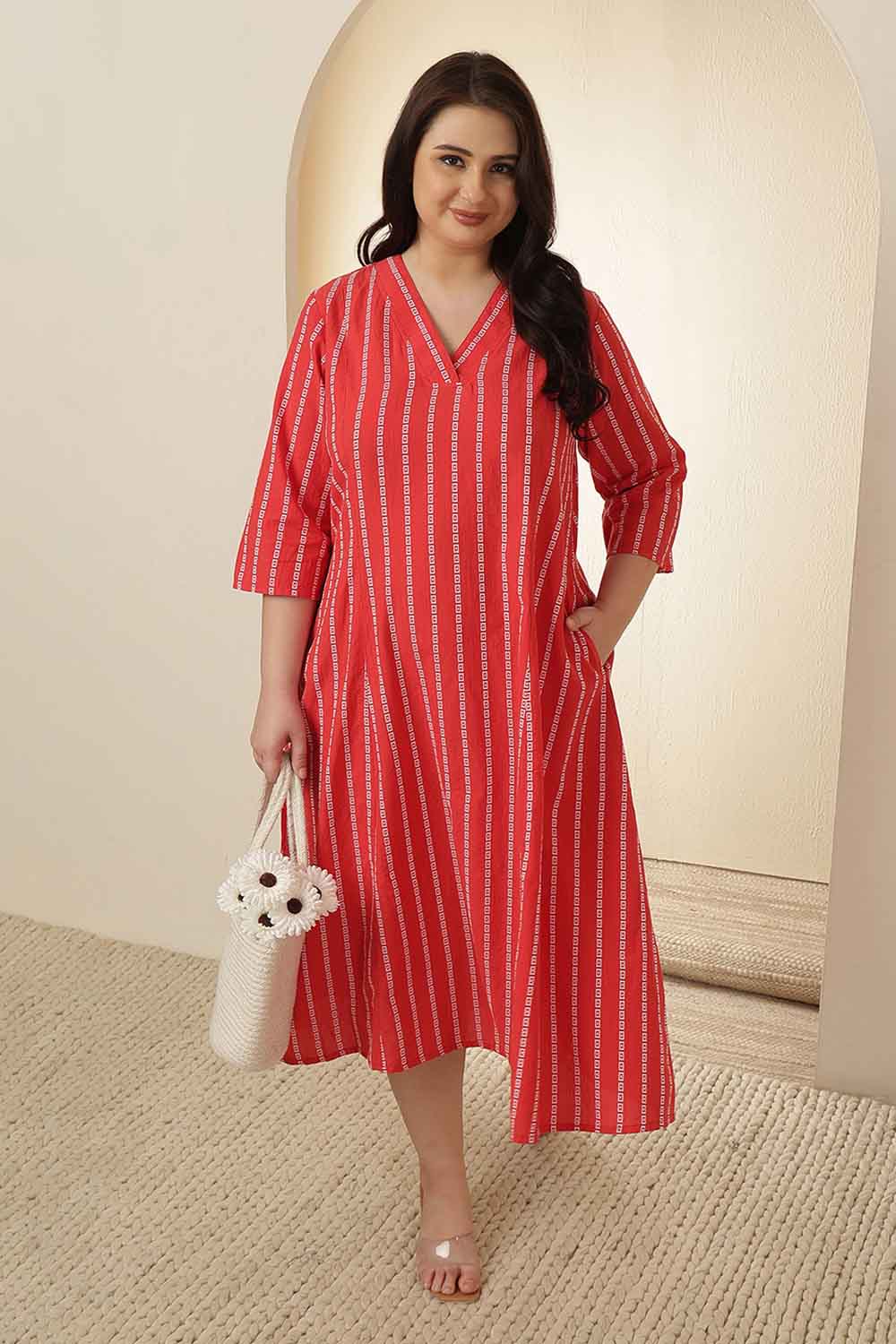 fitted lace wedding dress Plus Size Red Stripe Cotton Midi Dress