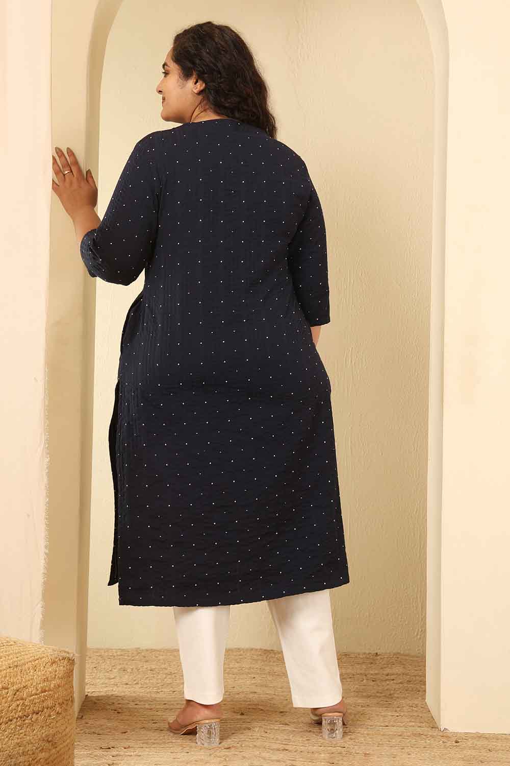 Plus Size Navy Blue Dobby Weave Cotton V Neck Kurta