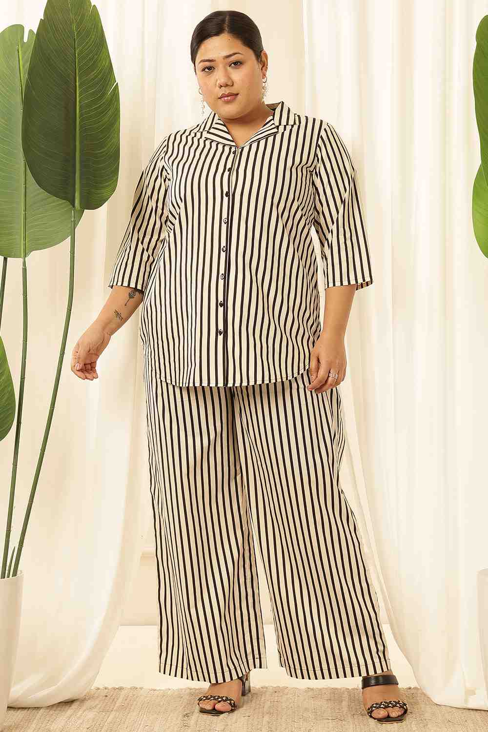 Plus Size Black & White Striped Cotton Shirt Coord Set