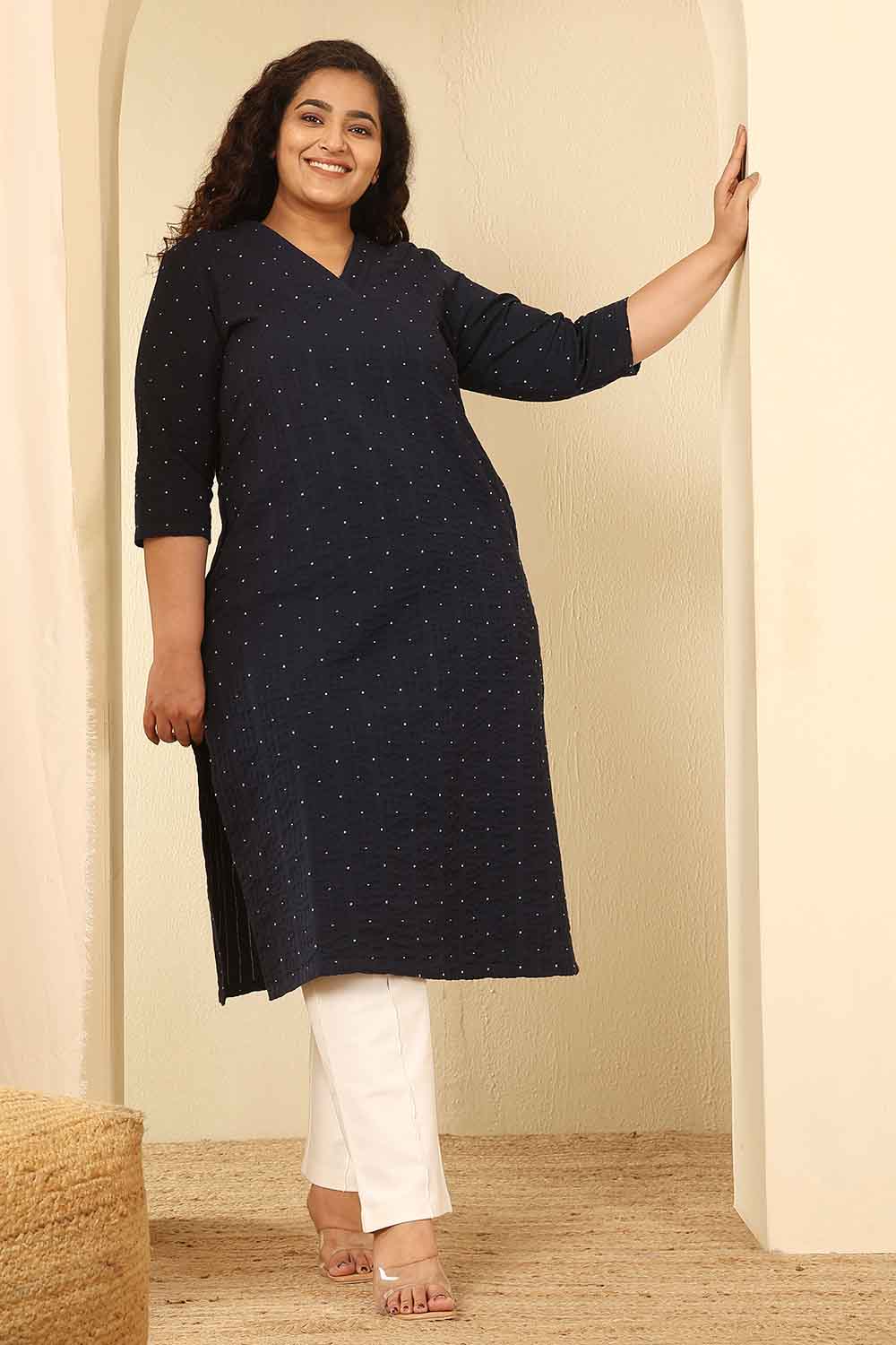 Plus Size Plus Size Navy Blue Dobby Weave Cotton V Neck Kurta