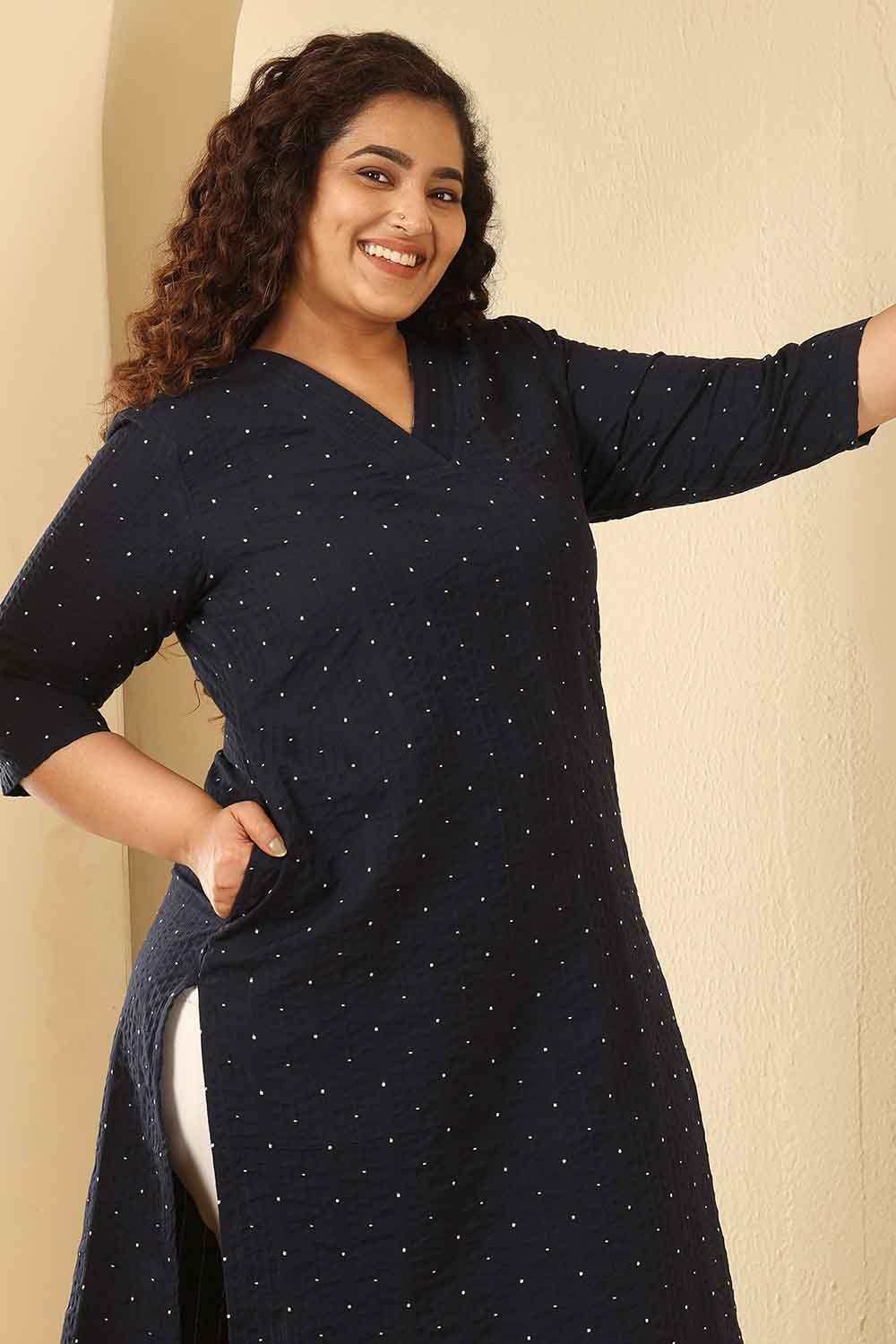 Plus Size Navy Blue Dobby Weave Cotton V Neck Kurta