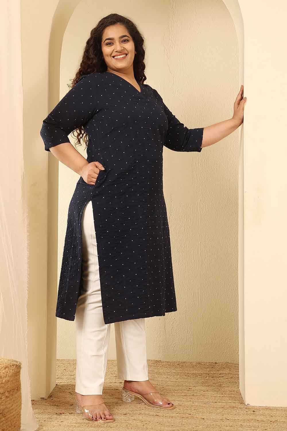 Comfortable Plus Size Navy Blue Dobby Weave Cotton V Neck Kurta