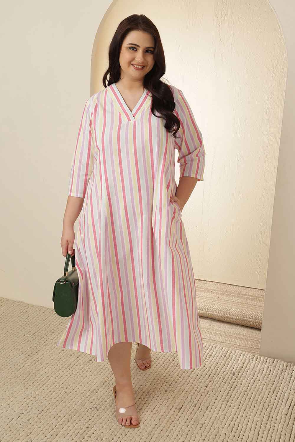 Plus Size White and Pink Vertical Stripe Cotton Dress Plus Size White and Pink Vertical Stripe Cotton Dress
