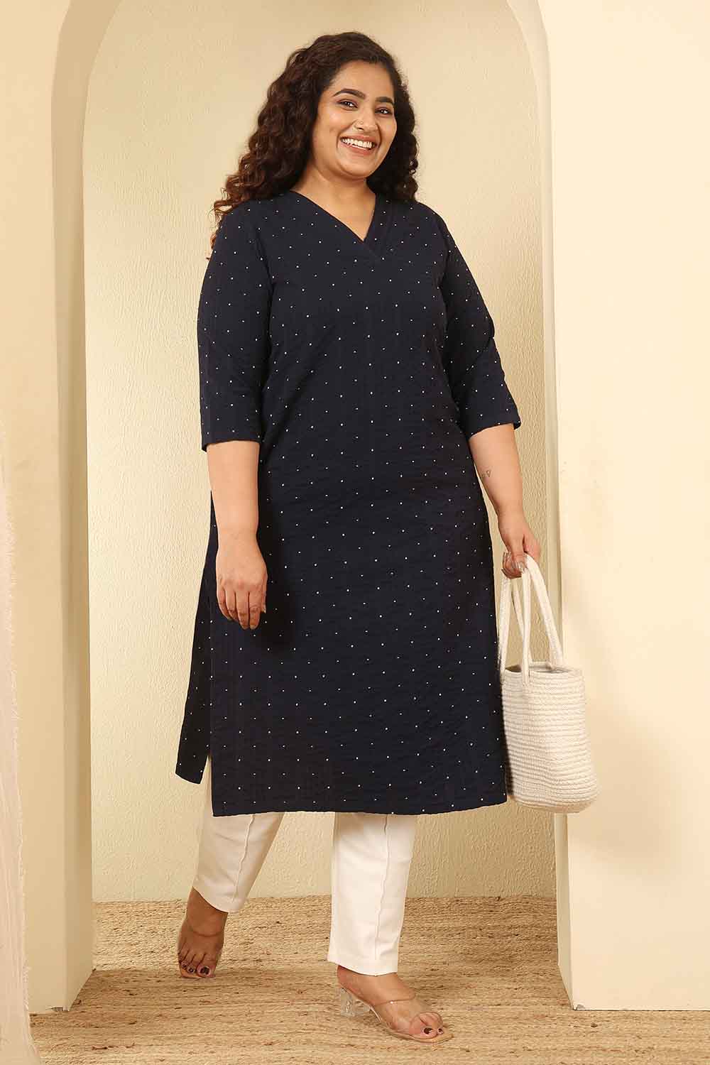 Plus Size Navy Blue Dobby Weave Cotton V Neck Kurta