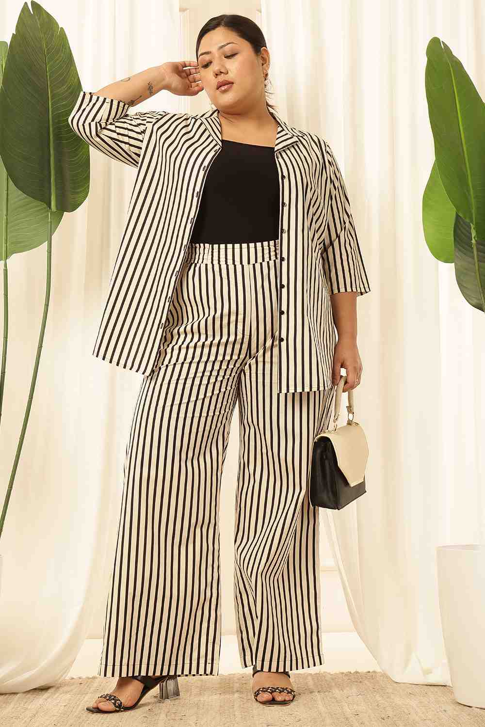 Plus Size Black & White Striped Cotton Shirt Coord Set