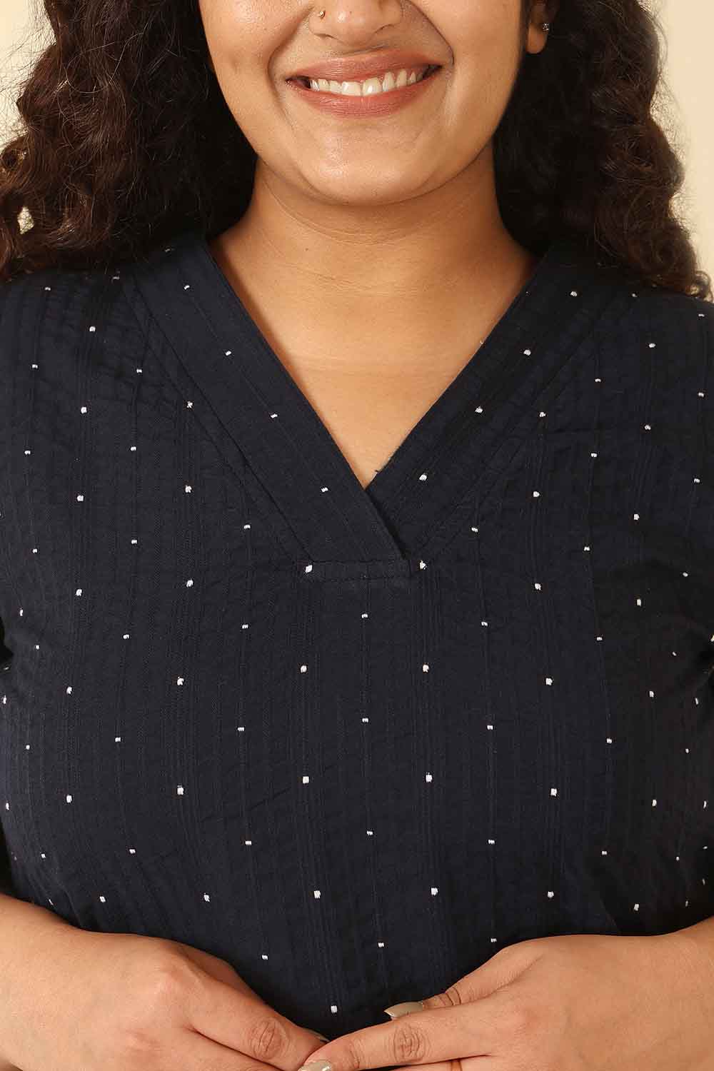 Plus Size Navy Blue Dobby Weave Cotton V Neck Kurta