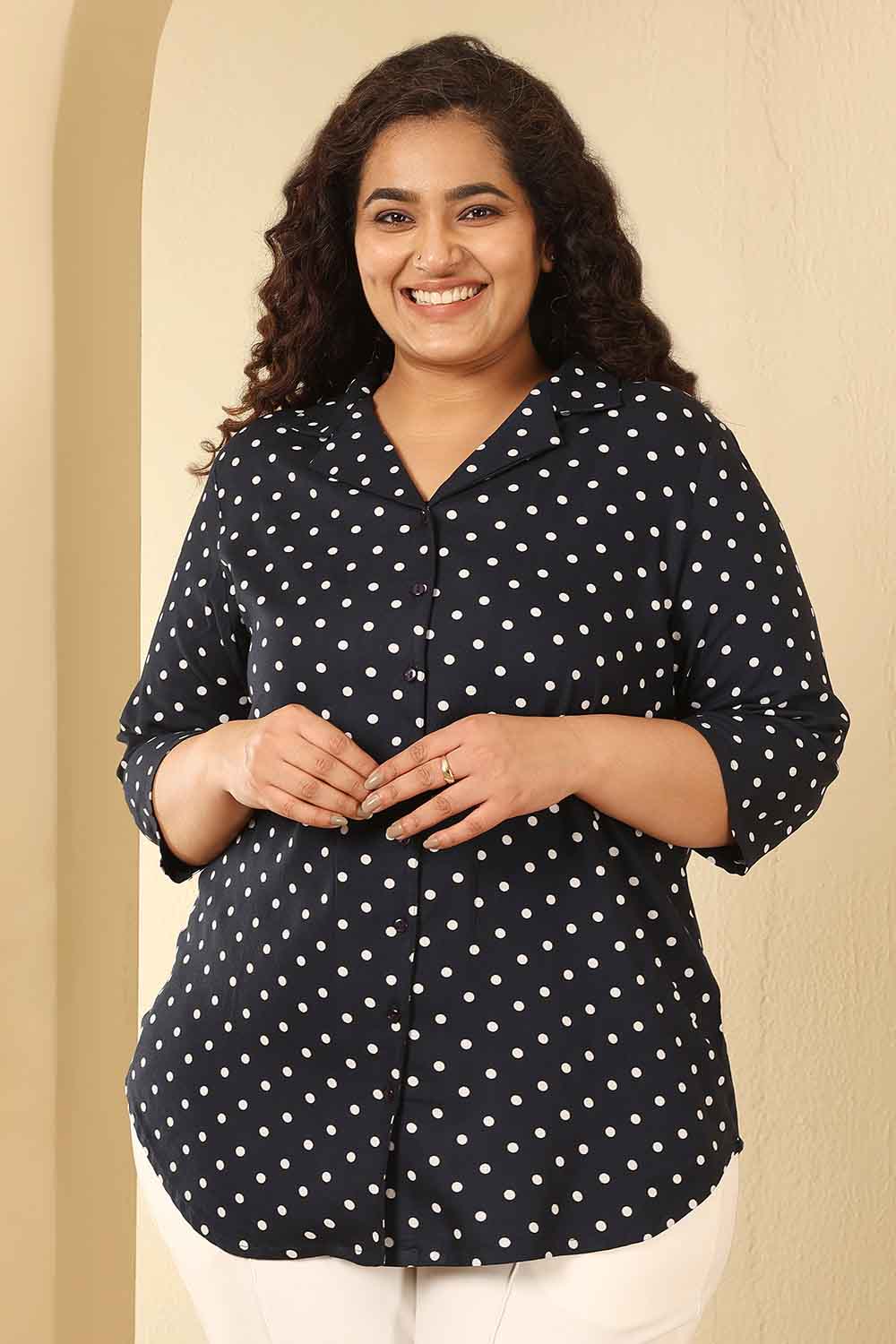 Plus Size Navy Blue Polka Dot Cotton Cuban Collar Shirt
