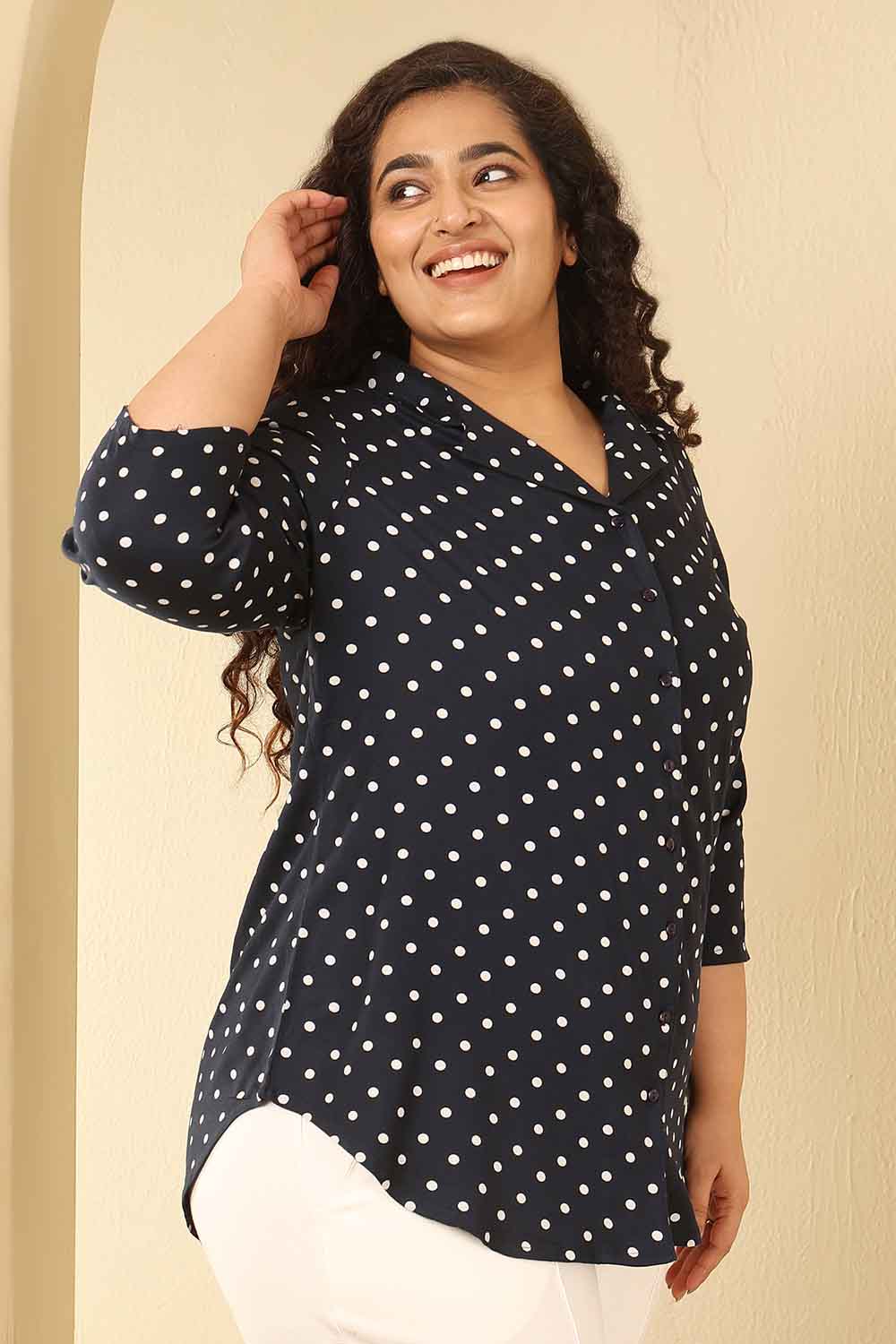 Plus Size Navy Blue Polka Dot Cotton Cuban Collar Shirt