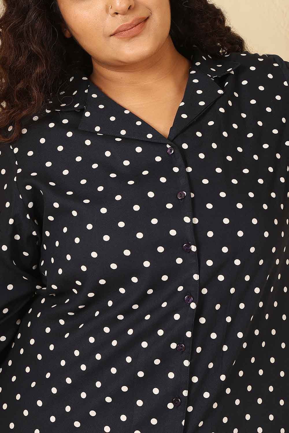 Plus Size Navy Blue Polka Dot Cotton Cuban Collar Shirt