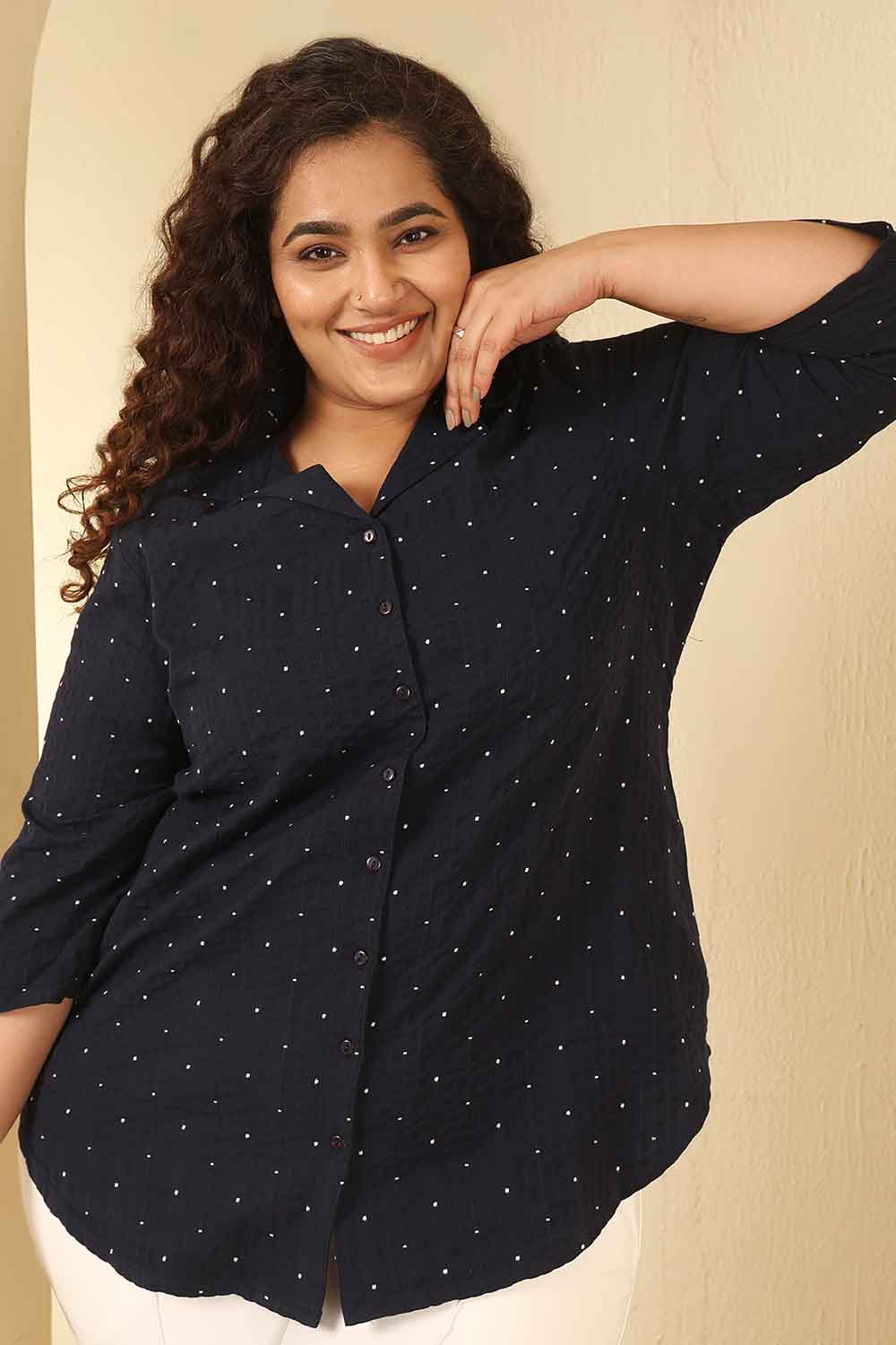 Plus Size Navy Blue Dobby Weave Cotton Cuban Collar Shirt