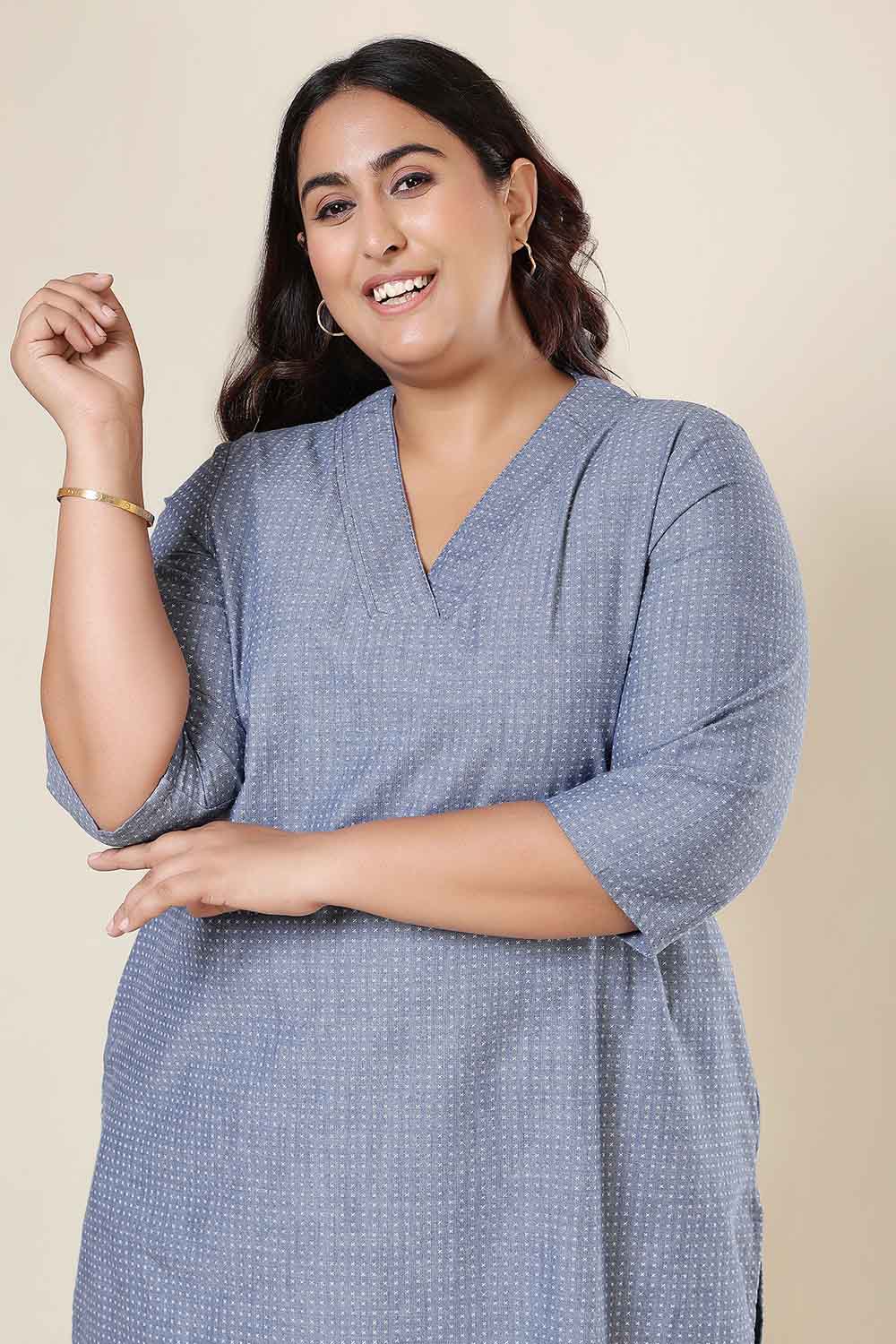 Plus Size Mid Blue Cross Weave Denim Cotton Kurta