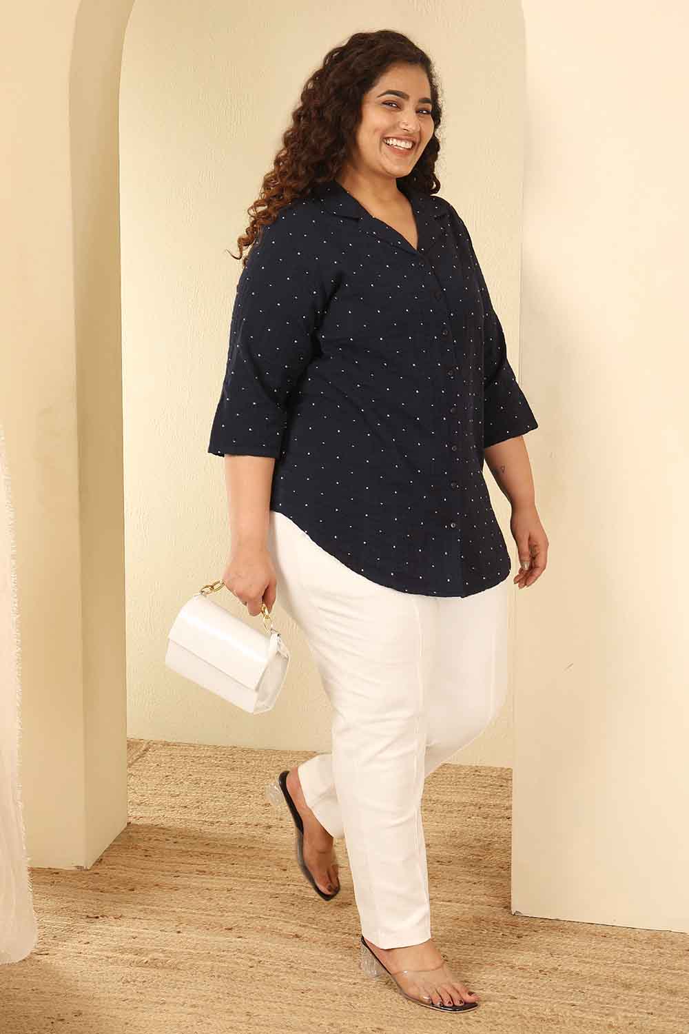 Plus Size Navy Blue Dobby Weave Cotton Cuban Collar Shirt