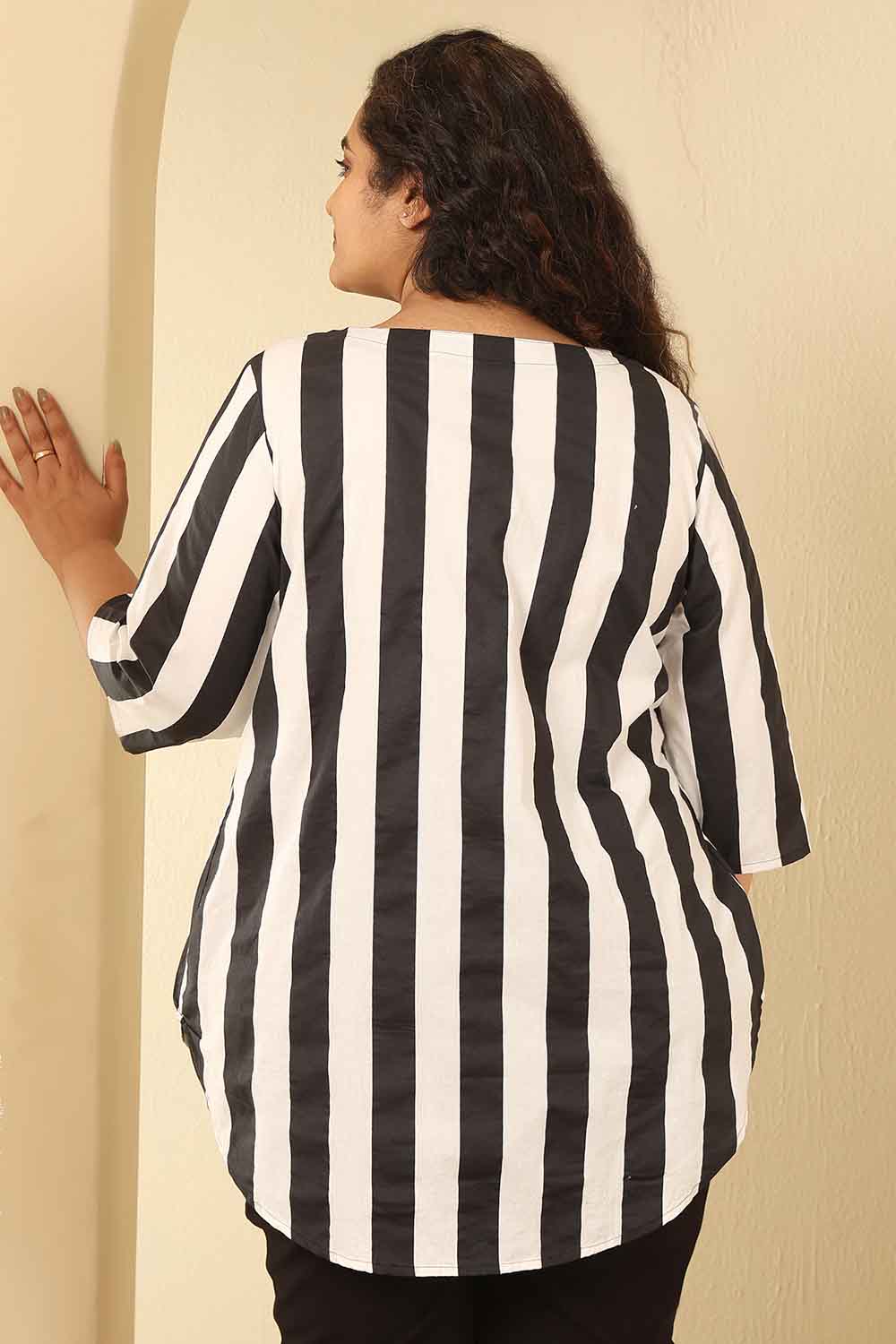 Plus Size Bold Striped Cotton V Neck Top
