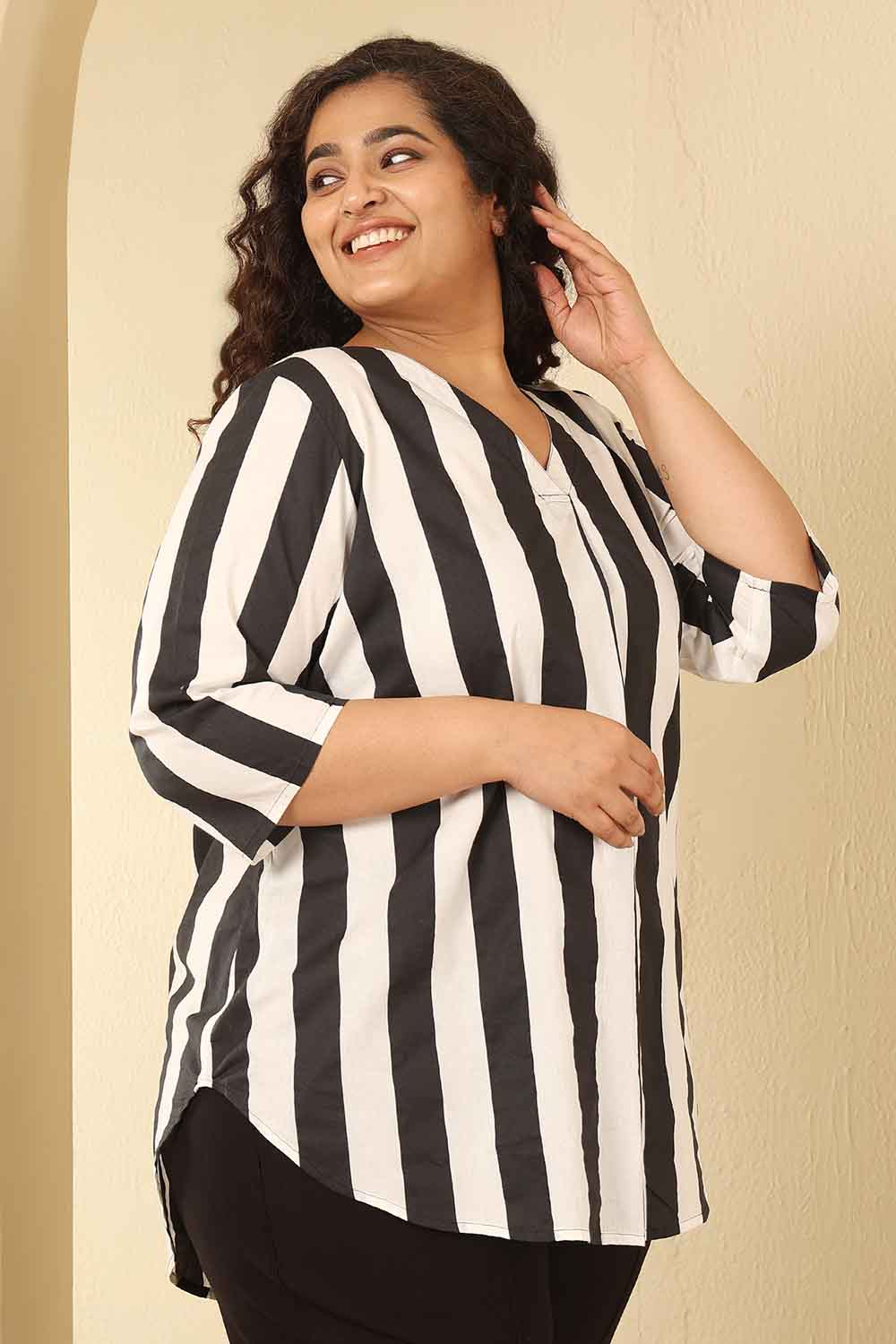 Plus Size Bold Striped Cotton V Neck Top for Women