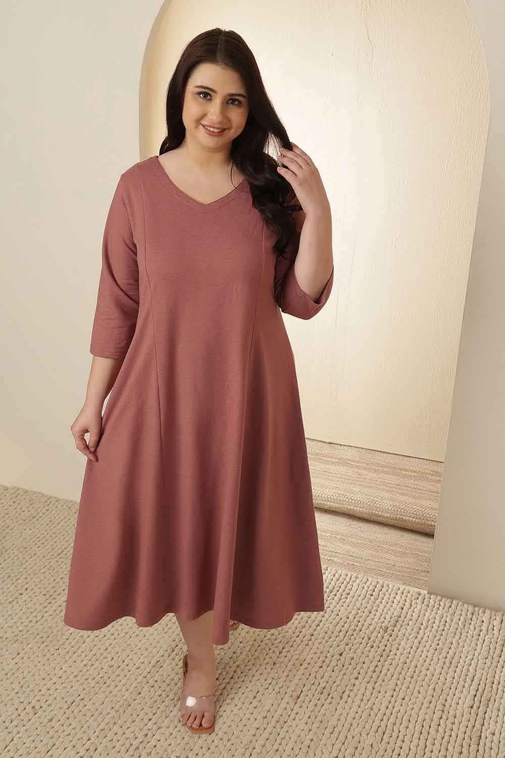 Plus Size Dusty Pink A-Line Cotton Dress