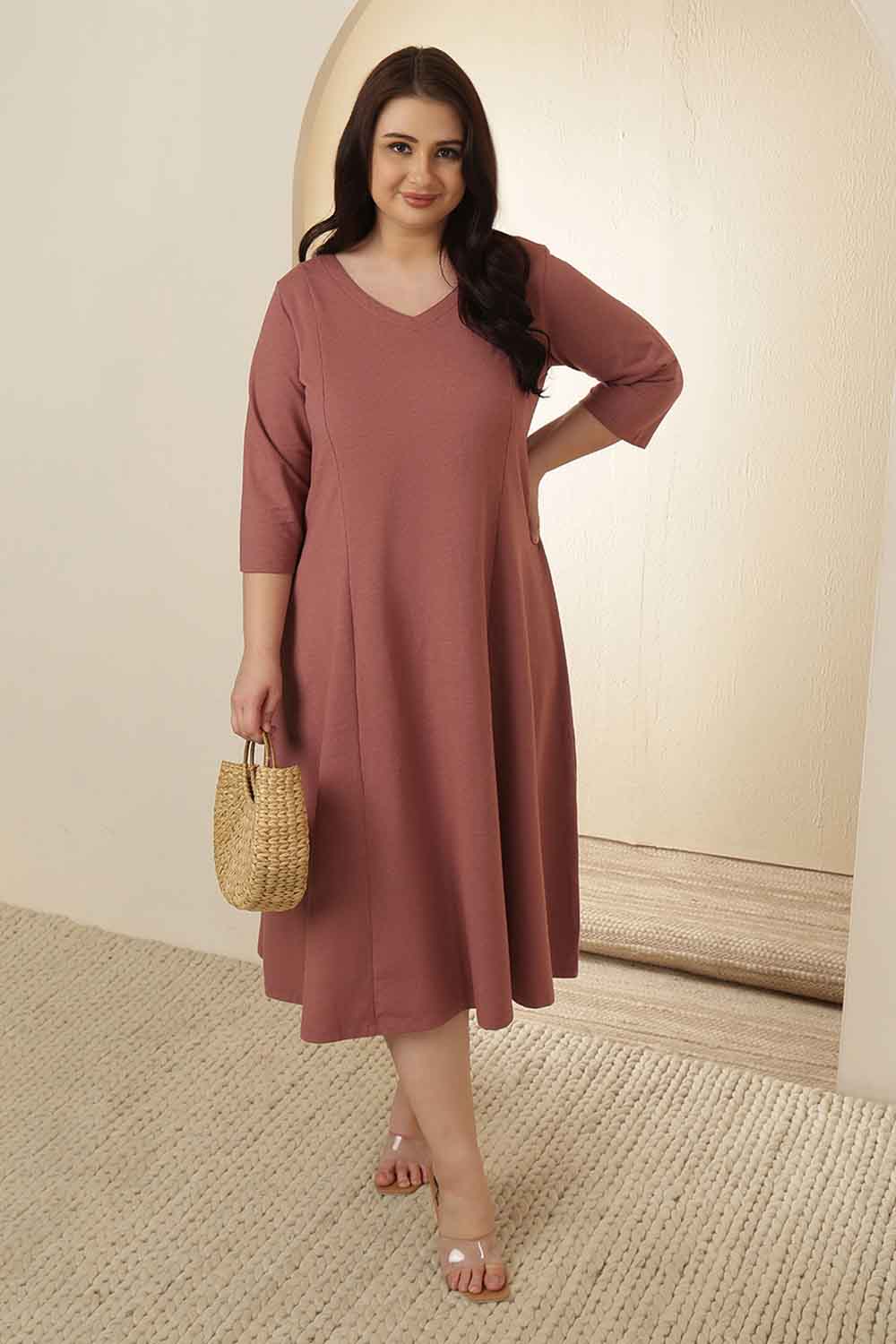 Plus Size Dusty Pink A-Line Cotton Dress