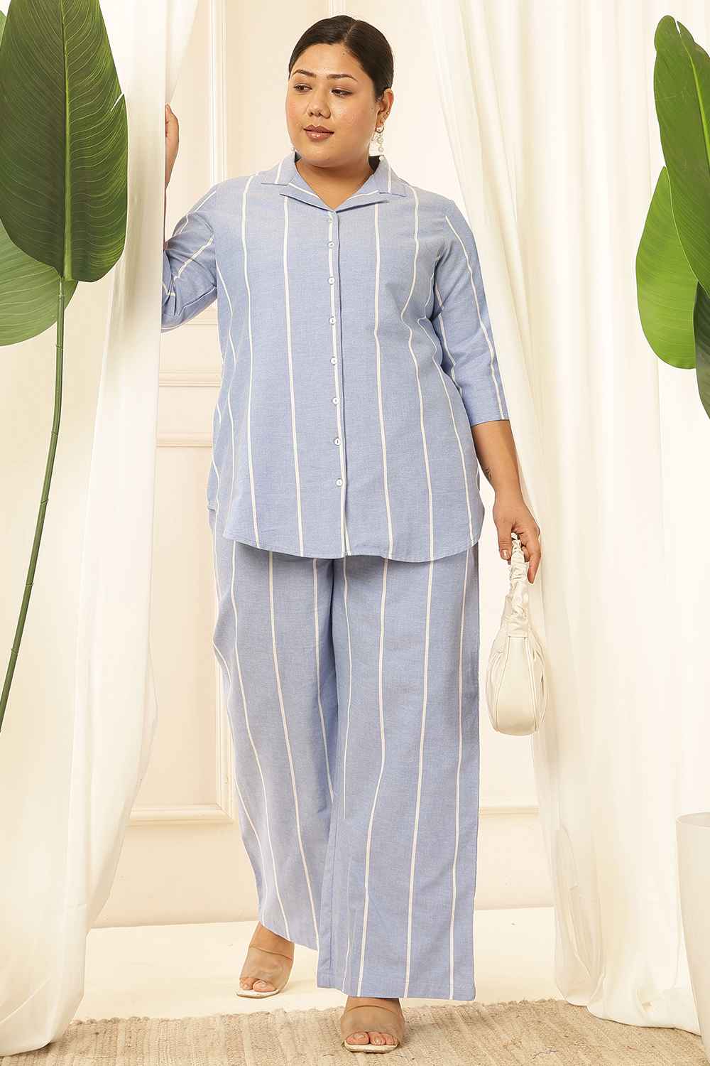 Plus Size Blue Striped Chambray Shirt Coord Set